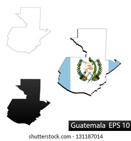 Maps of Guatemala, 3 dimensional with flag clipped inside borders,and shadow, and black and white contours of country shape, vector