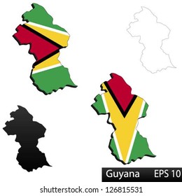 Maps of Guyana, 3 dimensional with flag clipped inside borders,and shadow, and black and white contours of country shape, vector