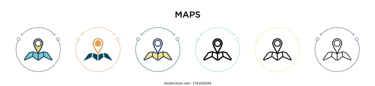 Maps icon in filled, thin line, outline and stroke style. Vector illustration of two colored and black maps vector icons designs can be used for mobile, ui, web