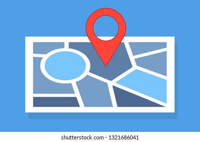 Maps icon, road map, map marker pointer, location symbol. Vector illustration. Blue background.