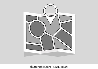 Maps icon, road map, map marker pointer, location symbol. Vector illustration. Black and white color.
