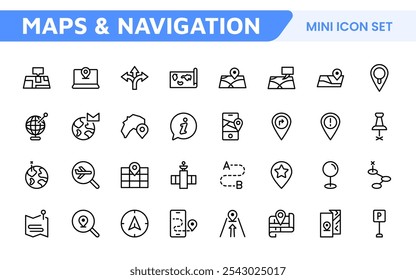 Maps Icon Set. Versatile and visually appealing icons for navigation, location services, and travel apps, designed to enhance user experience and make exploring the world more intuitive and enjoyable.