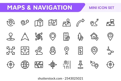 Maps Icon Set. Versatile and visually appealing icons for navigation, location services, and travel apps, designed to enhance user experience and make exploring the world more intuitive and enjoyable.