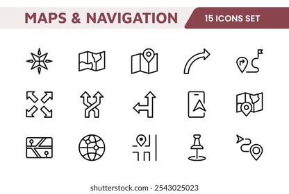 Maps Icon Set. Versatile and visually appealing icons for navigation, location services, and travel apps, designed to enhance user experience and make exploring the world more intuitive and enjoyable.