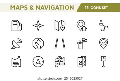 Maps Icon Set. Versatile and visually appealing icons for navigation, location services, and travel apps, designed to enhance user experience and make exploring the world more intuitive and enjoyable.