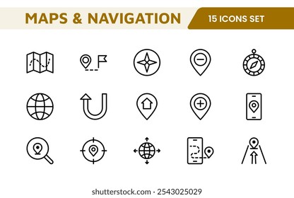 Maps Icon Set. Versatile and visually appealing icons for navigation, location services, and travel apps, designed to enhance user experience and make exploring the world more intuitive and enjoyable.