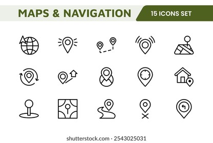 Maps Icon Set. Versatile and visually appealing icons for navigation, location services, and travel apps, designed to enhance user experience and make exploring the world more intuitive and enjoyable.