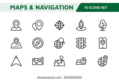 Maps Icon Set. Versatile and visually appealing icons for navigation, location services, and travel apps, designed to enhance user experience and make exploring the world more intuitive and enjoyable.