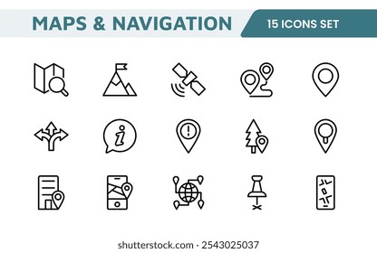 Maps Icon Set. Versatile and visually appealing icons for navigation, location services, and travel apps, designed to enhance user experience and make exploring the world more intuitive and enjoyable.