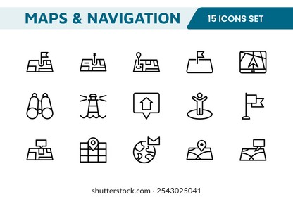 Maps Icon Set. Versatile and visually appealing icons for navigation, location services, and travel apps, designed to enhance user experience and make exploring the world more intuitive and enjoyable.