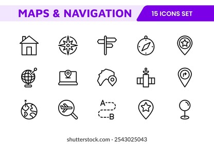 Maps Icon Set. Versatile and visually appealing icons for navigation, location services, and travel apps, designed to enhance user experience and make exploring the world more intuitive and enjoyable.