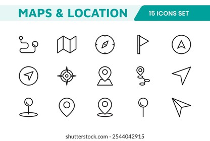 Maps Icon Set. Versatile and visually appealing icons for navigation, location services, and travel apps, designed to enhance user experience and make exploring the world more intuitive and enjoyable.