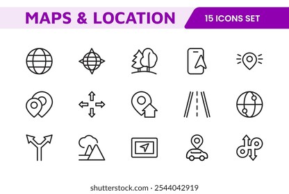 Maps Icon Set. Versatile and visually appealing icons for navigation, location services, and travel apps, designed to enhance user experience and make exploring the world more intuitive and enjoyable.