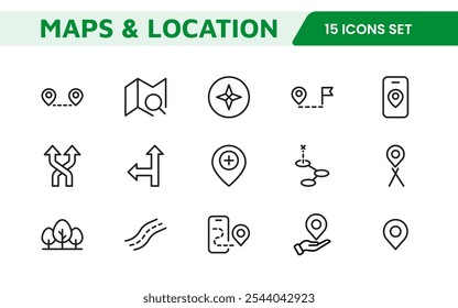 Maps Icon Set. Versatile and visually appealing icons for navigation, location services, and travel apps, designed to enhance user experience and make exploring the world more intuitive and enjoyable.