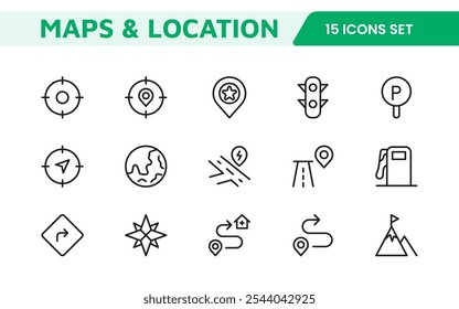 Maps Icon Set. Versatile and visually appealing icons for navigation, location services, and travel apps, designed to enhance user experience and make exploring the world more intuitive and enjoyable.