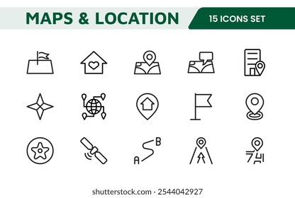 Maps Icon Set. Versatile and visually appealing icons for navigation, location services, and travel apps, designed to enhance user experience and make exploring the world more intuitive and enjoyable.