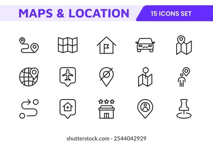 Maps Icon Set. Versatile and visually appealing icons for navigation, location services, and travel apps, designed to enhance user experience and make exploring the world more intuitive and enjoyable.