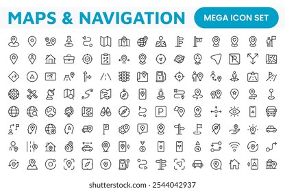 Maps Icon Set. Versatile and visually appealing icons for navigation, location services, and travel apps, designed to enhance user experience and make exploring the world more intuitive and enjoyable.