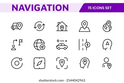 Maps Icon Set. Versatile and visually appealing icons for navigation, location services, and travel apps, designed to enhance user experience and make exploring the world more intuitive and enjoyable.