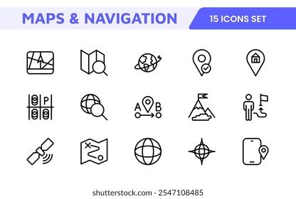 Maps Icon Set. Versatile and visually appealing icons for navigation, location services, and travel apps, designed to enhance user experience and make exploring the world more intuitive and enjoyable.