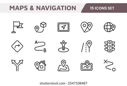 Maps Icon Set. Versatile and visually appealing icons for navigation, location services, and travel apps, designed to enhance user experience and make exploring the world more intuitive and enjoyable.