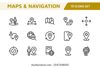 Maps Icon Set. Versatile and visually appealing icons for navigation, location services, and travel apps, designed to enhance user experience and make exploring the world more intuitive and enjoyable.