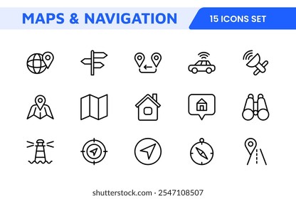 Maps Icon Set. Versatile and visually appealing icons for navigation, location services, and travel apps, designed to enhance user experience and make exploring the world more intuitive and enjoyable.