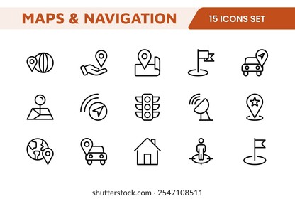 Maps Icon Set. Versatile and visually appealing icons for navigation, location services, and travel apps, designed to enhance user experience and make exploring the world more intuitive and enjoyable.