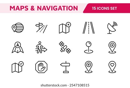 Maps Icon Set. Versatile and visually appealing icons for navigation, location services, and travel apps, designed to enhance user experience and make exploring the world more intuitive and enjoyable.