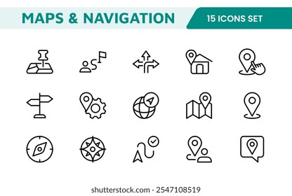 Maps Icon Set. Versatile and visually appealing icons for navigation, location services, and travel apps, designed to enhance user experience and make exploring the world more intuitive and enjoyable.