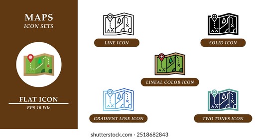 Iconos de mapas Conjuntos. Concepto de entorno de Naturaleza. Varios iconos de estilo sobre fondo aislado para Diseño web, símbolo, signo, presentación e infografías. EPS 10. 
