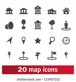 Maps icons: vector set of places, pins and directions