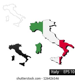 Maps of Italy, 3 dimensional with flag clipped inside borders,and shadow, and black and white contours of country shape, vector