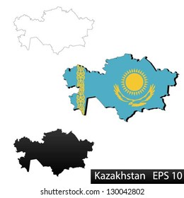 Maps of Kazakhstan, 3 dimensional with flag clipped inside borders,and shadow, and black and white contours of country shape, vector