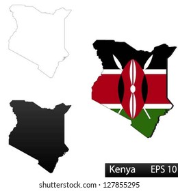 Maps of Kenya, 3 dimensional with flag clipped inside borders,and shadow, and black and white contours of country shape, vector