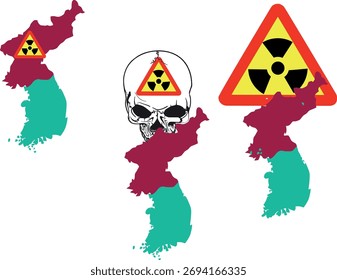 Mapas de Corea que muestran señales de advertencia de radiación y cráneo que transporta peligro nuclear