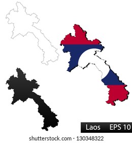 Maps of Laos, 3 dimensional with flag clipped inside borders,and shadow, and black and white contours of country shape, vector