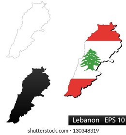 Maps of Lebanon, 3 dimensional with flag clipped inside borders,and shadow, and black and white contours of country shape, vector