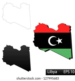 Maps of Libya, 3 dimensional with flag clipped inside borders,and shadow, and black and white contours of country shape, vector