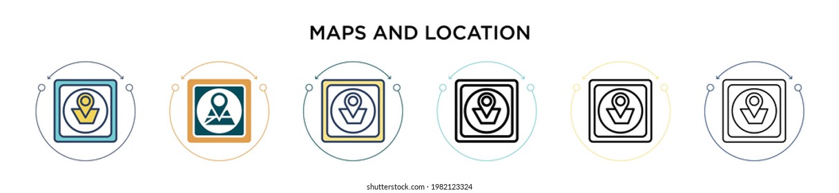 Maps and location icon in filled, thin line, outline and stroke style. Vector illustration of two colored and black maps and location vector icons designs can be used for mobile, ui, web