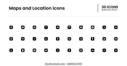 Mapas y conjunto de iconos de Locación. mapa, ubicación, Vector, navegación, ilustración, punto, pin, carretera, dirección, gps, icono, marcador. Ilustración de Vector de relleno negro