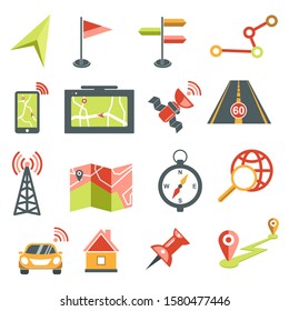 Maps, Location And Navigation Isolated Icons, Cartography And Topography Vector. GPS, Smartphone App Or Navigator Application, Pinpoint. Online Direction Search, Satellite And Tower, Car And Road