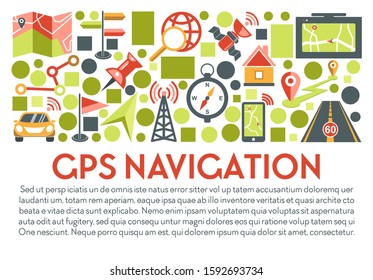 Maps, location and navigation isolated icons, cartography and topography vector. GPS, smartphone app or navigator application, pinpoint. Online direction search, satellite and tower, car and road