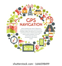 Maps, location and navigation isolated icons, cartography and topography vector. GPS, smartphone app or navigator application, pinpoint. Online direction search, satellite and tower, car and road