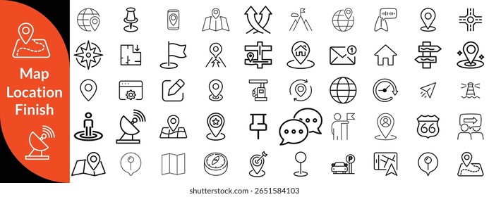 Maps, location and Navigation line editable icon set. Containing navigation, location, contains map with a pin, route map, navigator, direction and more. Vector illustration 