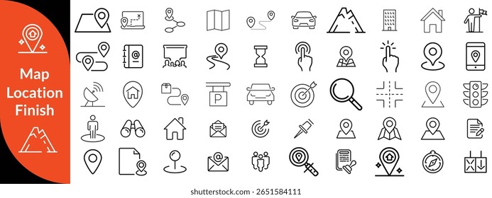 Maps, location and Navigation line editable icon set. Containing navigation, location, contains map with a pin, route map, navigator, direction and more. Vector illustration 