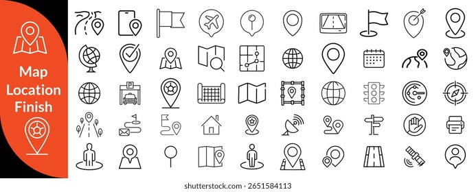 Maps, location and Navigation line editable icon set. Containing navigation, location, contains map with a pin, route map, navigator, direction and more. Vector illustration 