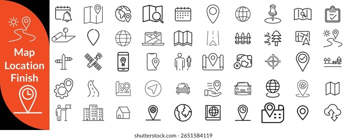Maps, location and Navigation line editable icon set. Containing navigation, location, contains map with a pin, route map, navigator, direction and more. Vector illustration 