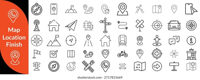 Maps, location and Navigation line editable icon set. Containing navigation, location, contains map with a pin, route map, navigator, direction and more. Maps big icon set design.
