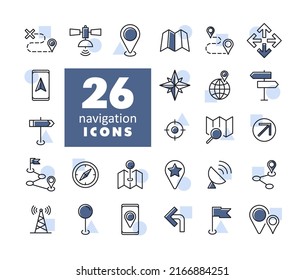 Maps, location, navigation vector isolated icons set. Graph symbol for travel and tourism web site and apps design, logo, app, UI